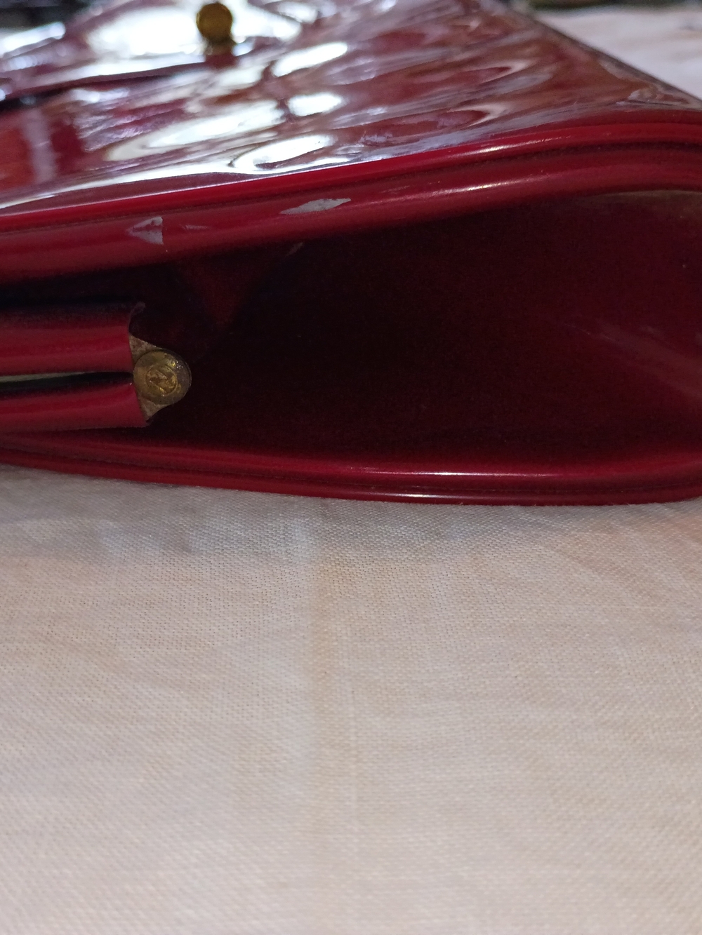 Glossy Red Patent Handle Clutch with Gold-Tone Hardware - Picture 9 of 14